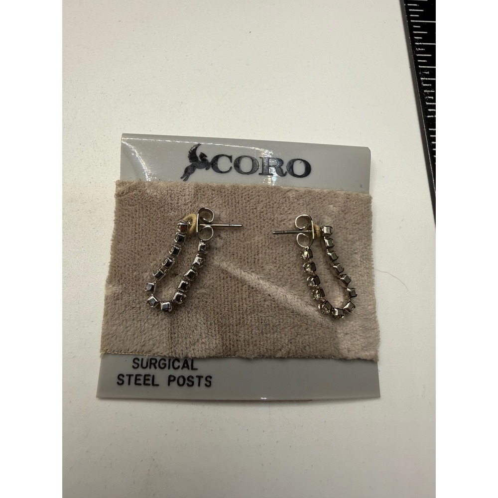 Coro Vintage Rhinestone Drop Earrings Silver Tone Surgical Steel Posts NWT